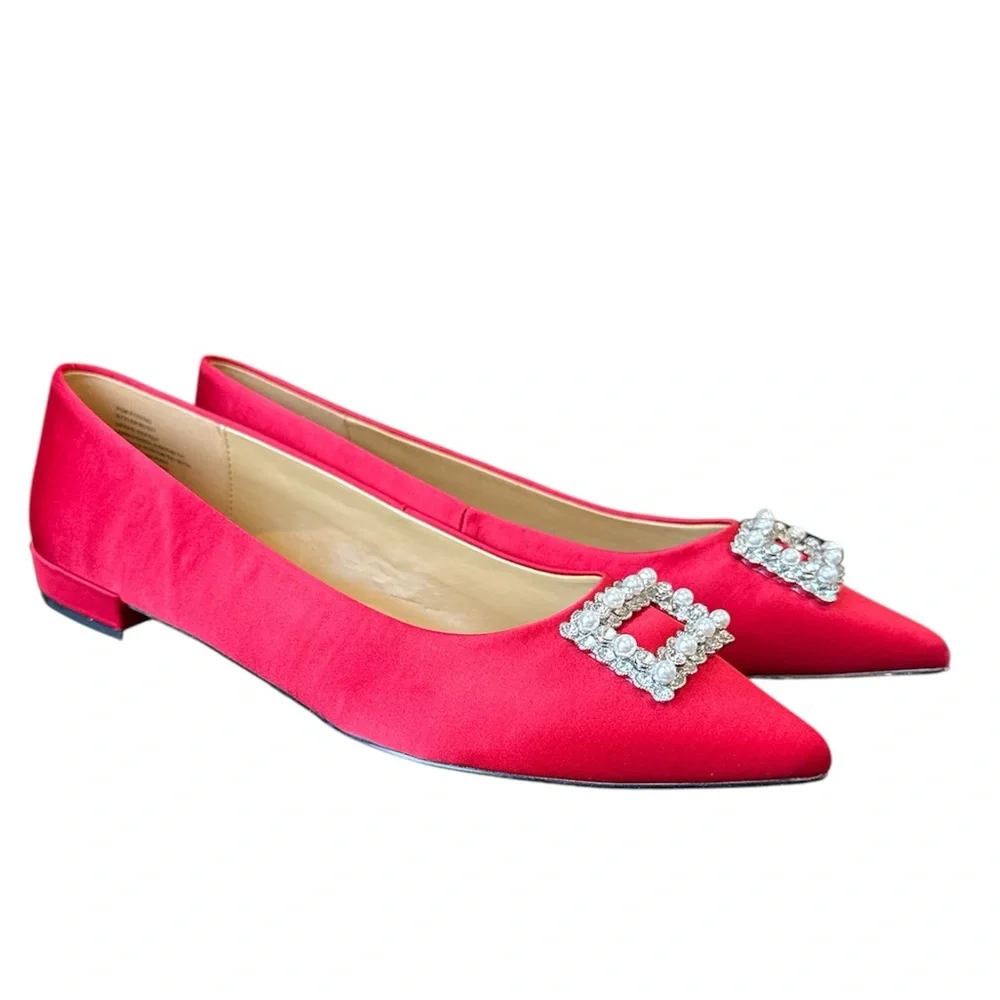 J.Crew Women’s BU507 Red Satin Pointed Toe Jeweled Buckle Evening Flats 10 NEW